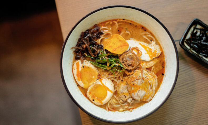 Ramen soup from Shōyu restaurant in Riga which has been recognised with a Michelin Bib Gourmand for several years