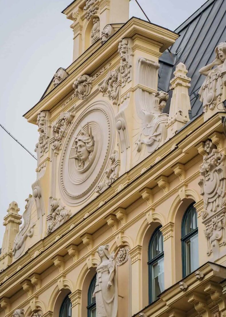Riga Art nouveau - at Alberta iela 13 the female figure appears in mascarons, busts, and dramatic faces