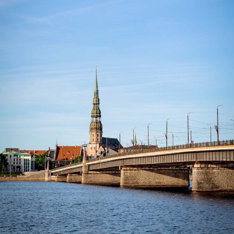 Stone bridge in Riga with Old Riga behind it