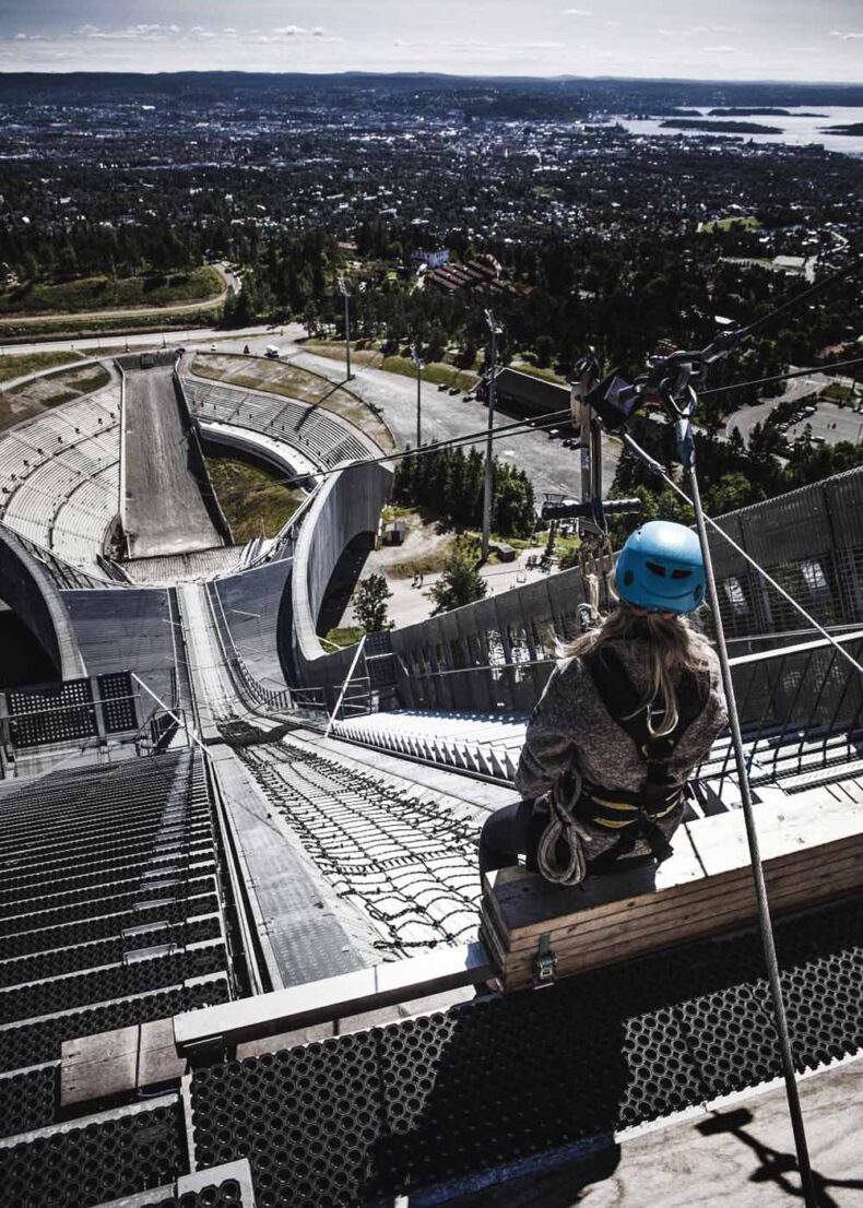 In summer at the Holmenkollen ski jump you can experience a rush of adrenaline by taking the zipline down
