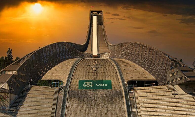 The Holmenkollen ski jump platform is visible from all over the city and has become an icon of the city