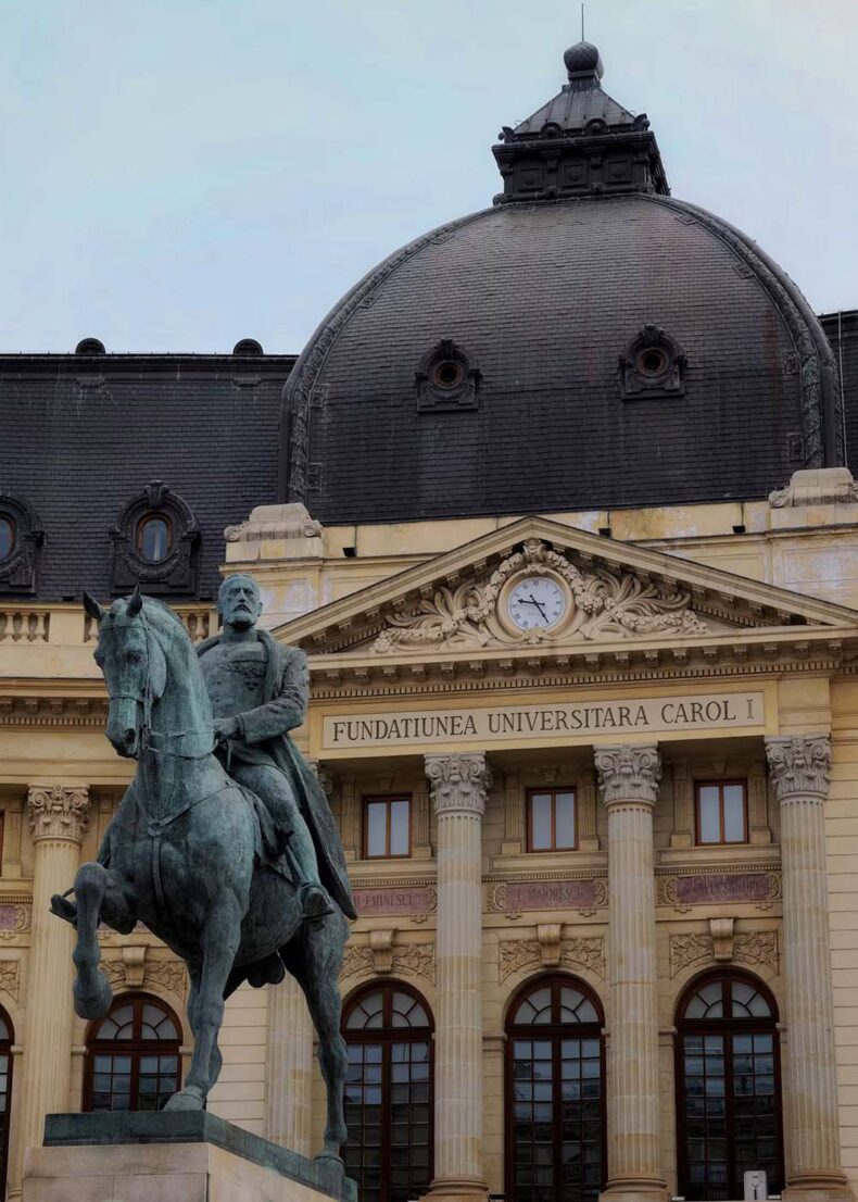 An equestrian bronze statue of King Carol I positioned in front of the National Museum of Art of Romania (the former Royal Palace) in Bucharest